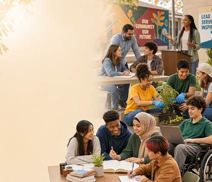 Diverse group of young people engaged in mentorship, community service, and leadership activities